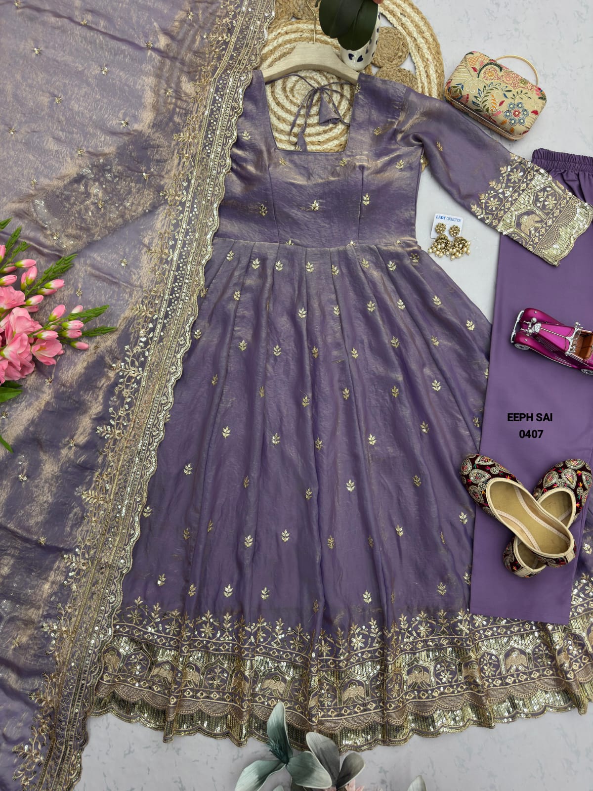 Celestial Spark Embroidered Silk Gown Set